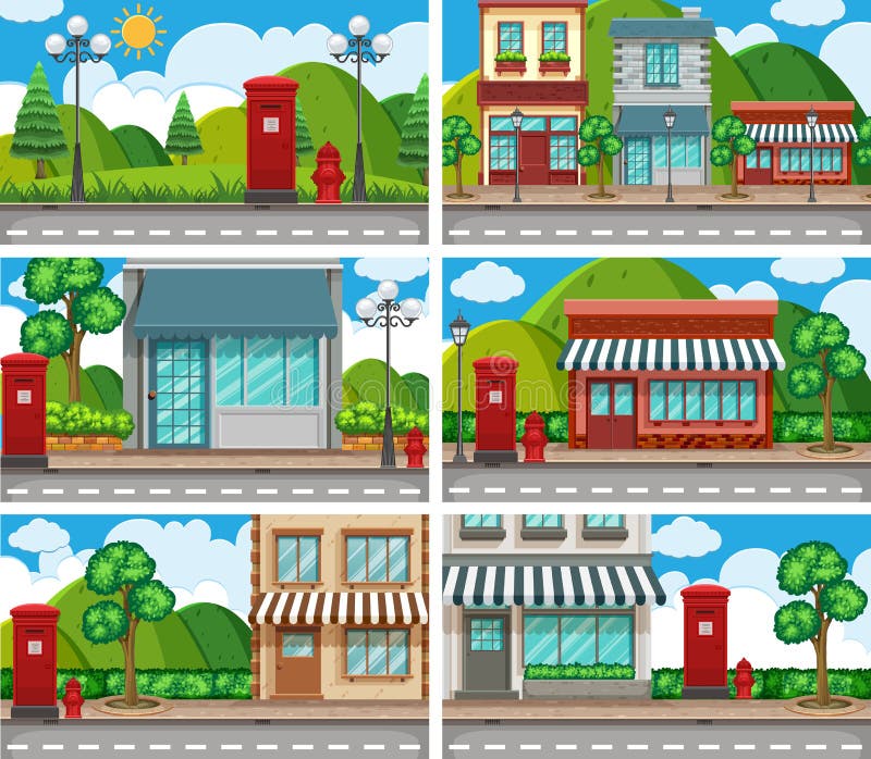 Six scenes of neighbors with building along the road illustration. Six scenes of neighbors with building along the road illustration