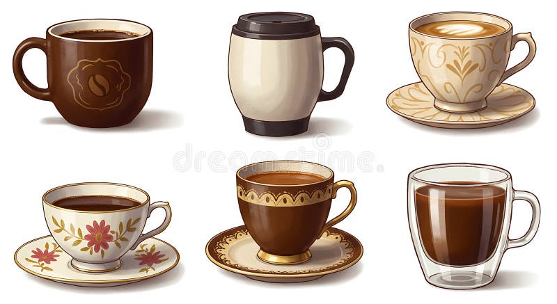Sei tazze da caffè diverse disposte in due file. : una tazza di ceramica marrone royalty illustrazione gratis