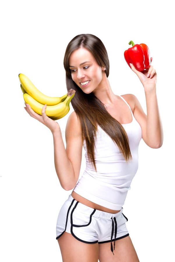 Be happy, live a balanced women with banana and red pepper. Be happy, live a balanced women with banana and red pepper