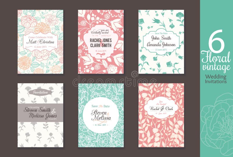 Seis bodas florales del vintage, ahorran el sistema de tarjeta de las invitaciones de la fecha con la novia y los nombres del nov stock de ilustración Seis bodas florales del vintage, ahorran el sistema de tarjeta de las invitaciones de la fecha con la novia y los nombres del nov stock de ilustración