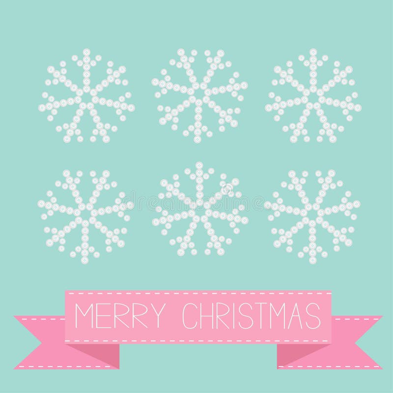 Seis copos de nieve del botón en cinta rosada azul Tarjeta de la Feliz Navidad Diseño plano ilustración del vector Seis copos de nieve del botón en cinta rosada azul Tarjeta de la Feliz Navidad Diseño plano ilustración del vector