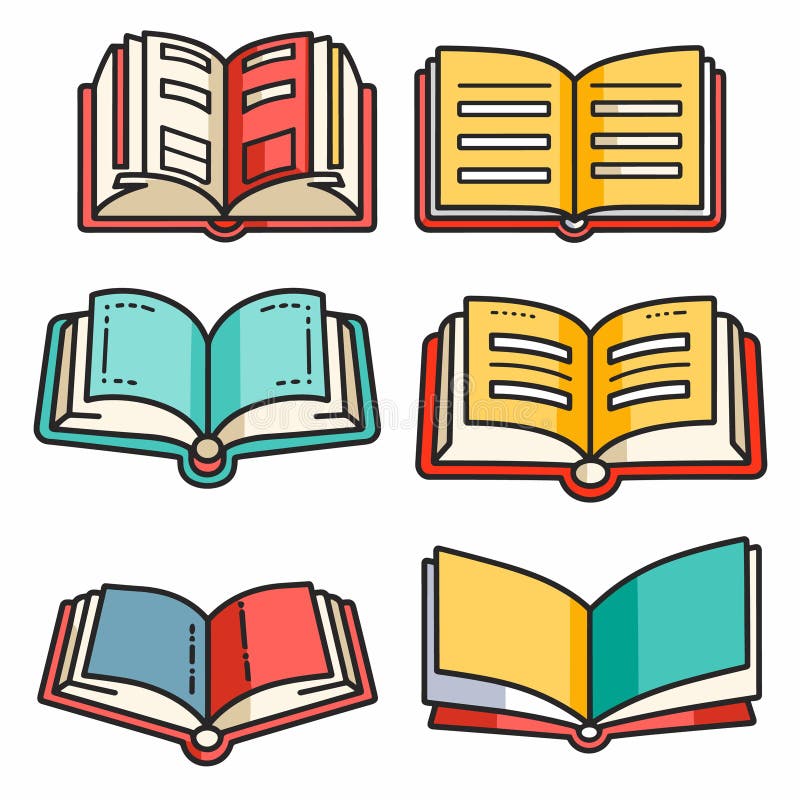 Seis libros abiertos ilustraciones vectoriales diferentes estilos de colores. educación de lectura colorida ilustración del vector