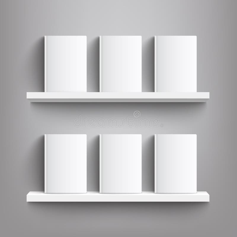 Seis libros blancos con las cubiertas en blanco en un estante - maqueta realista de las cubiertas de libro en blanco que se coloc libre illustration Seis libros blancos con las cubiertas en blanco en un estante - maqueta realista de las cubiertas de libro en blanco que se coloc libre illustration