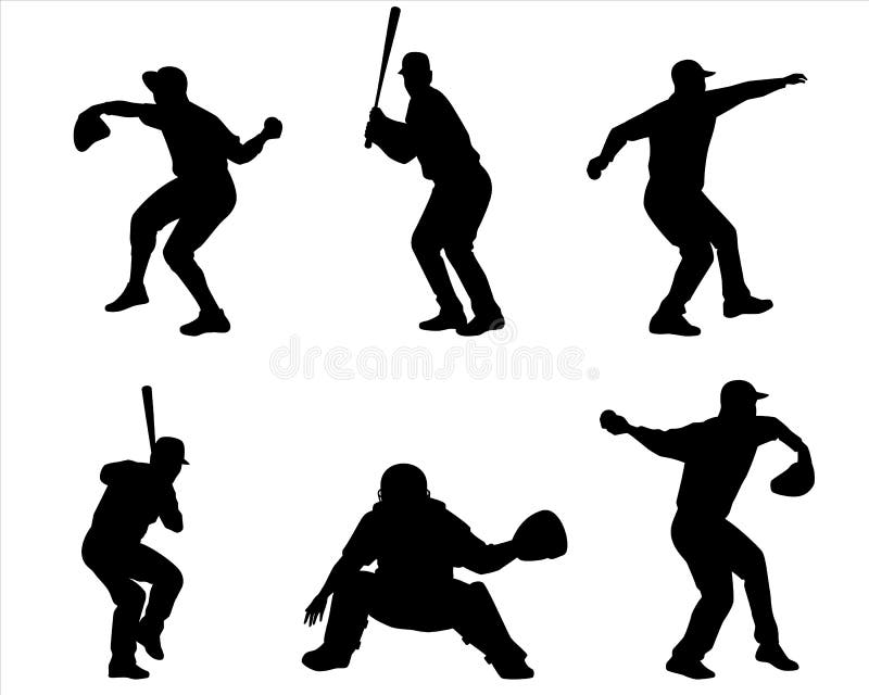 Seis silhuetas do jogador de beisebol ilustração royalty free Seis silhuetas do jogador de beisebol ilustração royalty free