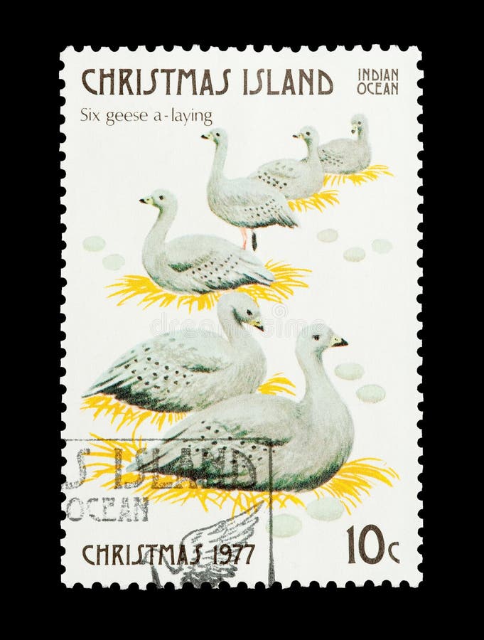 Christmas Island - circa 1977: Six geese a-laying - part of a set of 12 mail stamps printed on Christmas Island depicting gifts given during the Twelve Days of Christmas carol. Christmas Island - circa 1977: Six geese a-laying - part of a set of 12 mail stamps printed on Christmas Island depicting gifts given during the Twelve Days of Christmas carol.