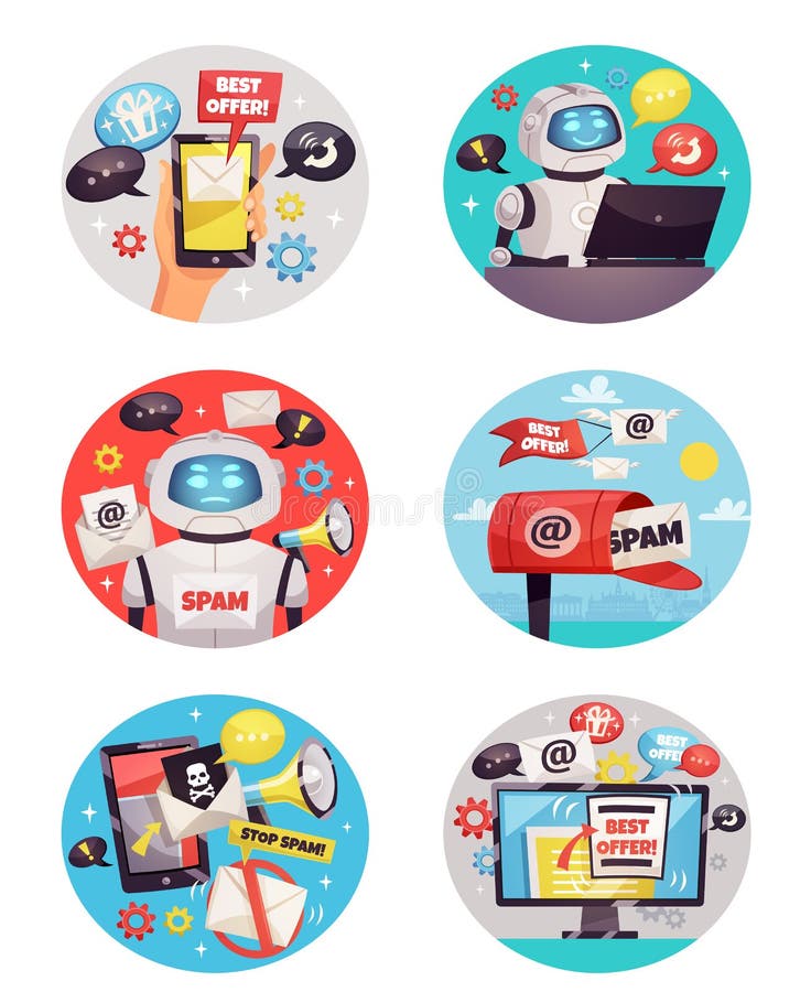 Seis ícones redondos do bot do Spam ilustração stock Seis ícones redondos do bot do Spam ilustração stock