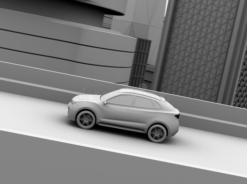 Seitenansicht des Lehms elektrisches SUV übertragend, das auf der Autobahn fährt lizenzfreie abbildung