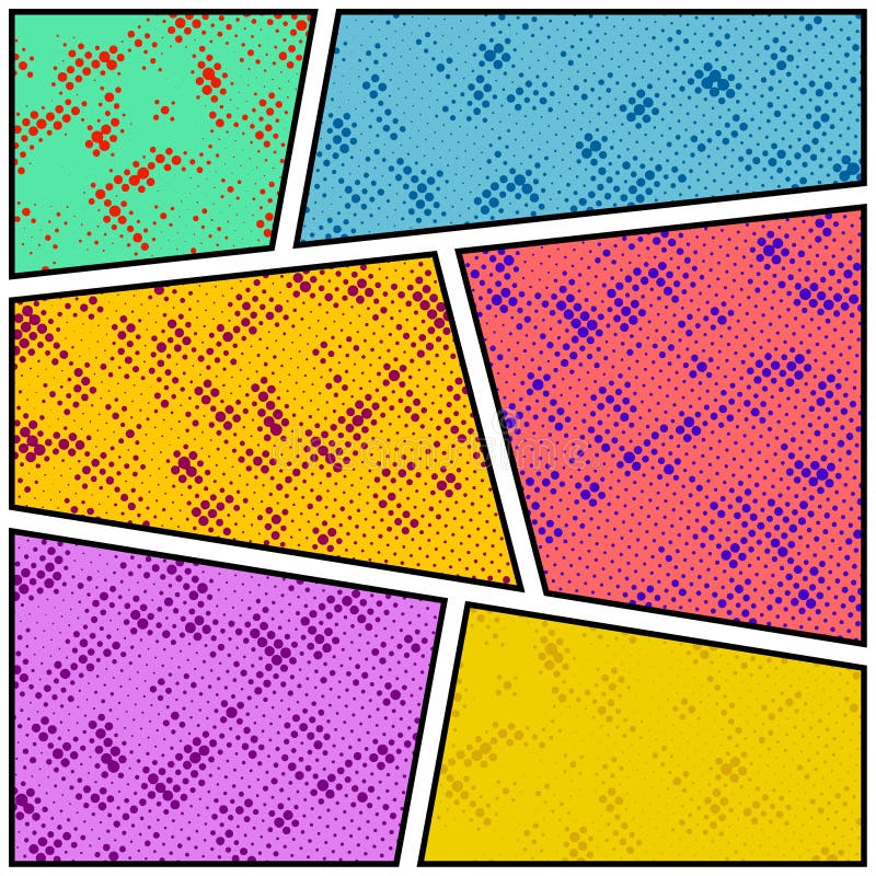 Bright comic book story colorful dotted page layout template. Isolated empty album frames with halftone grunge dot pattern. Vector illustration. Bright comic book story colorful dotted page layout template. Isolated empty album frames with halftone grunge dot pattern. Vector illustration