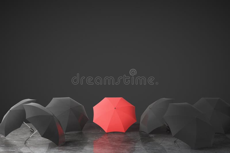 Seja conceito original com muitos guarda-chuvas pretos e um vermelho no concr ilustração stock Seja conceito original com muitos guarda-chuvas pretos e um vermelho no concr ilustração stock