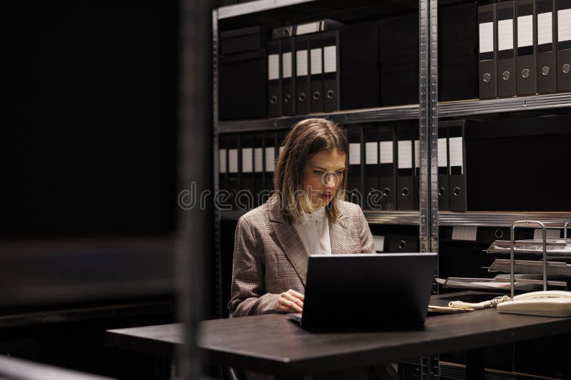 Depository secretary discovering management files, working overhours at accountancy report in storage room. Businesswoman reading bureaucracy record, analyzing administrative documents. Depository secretary discovering management files, working overhours at accountancy report in storage room. Businesswoman reading bureaucracy record, analyzing administrative documents