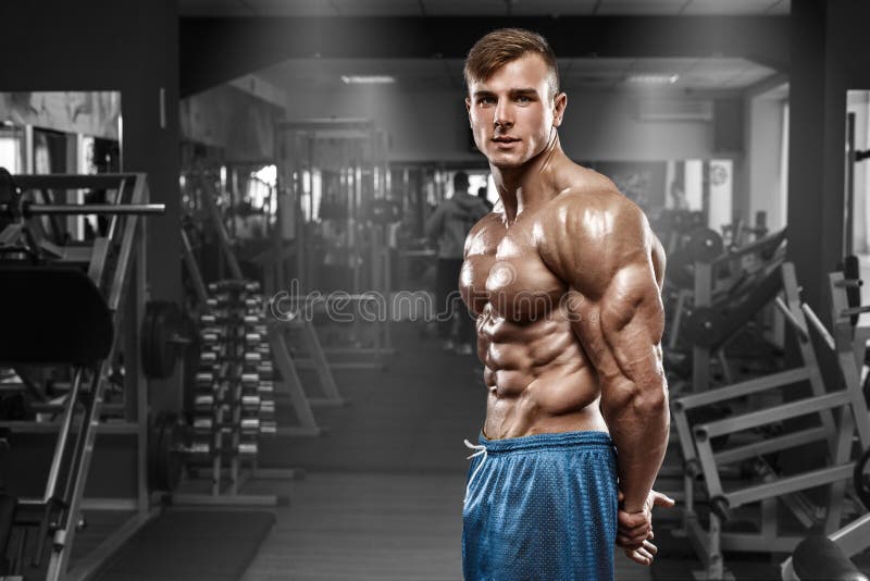 Seksowny mięśniowy mężczyzna pozuje w gym, kształtny brzuszny, pokazuje triceps Silny męski nagi półpostaci abs, pracujący out zdjęcie stock Seksowny mięśniowy mężczyzna pozuje w gym, kształtny brzuszny, pokazuje triceps Silny męski nagi półpostaci abs, pracujący out zdjęcie stock