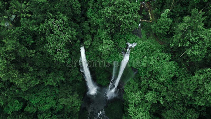 Sekumpul waterfall in Bali top aerial view. Tall high powerful waterfall