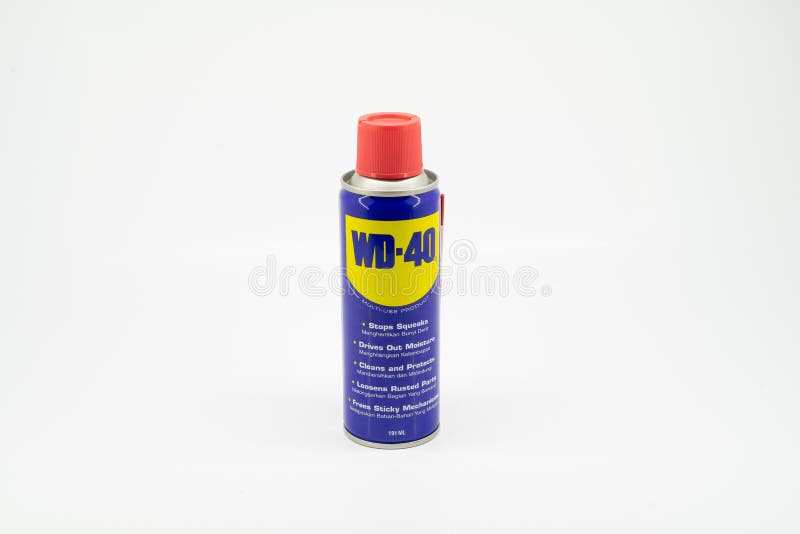 Selangor, Malaysia - September 1, 2019 : Can of WD 40 on a white background. Aerosol, air, blue, cleaned, detail, ecology, editorial, effect, gas, grease