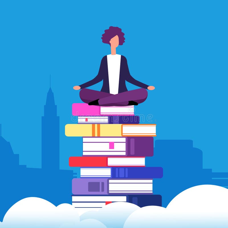 Selbstausbildungs-Vektorkonzept Frau, die in Lotussitz auf den Büchern über den Wolken sitzt lizenzfreie abbildung Selbstausbildungs-Vektorkonzept Frau, die in Lotussitz auf den Büchern über den Wolken sitzt lizenzfreie abbildung
