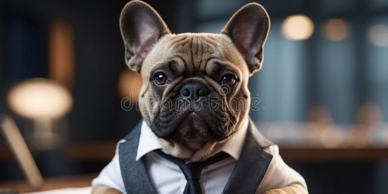 Selbstbewusster französischer Bulldog in einem Business-Anzug an einem Schreibtisch. stockbilder