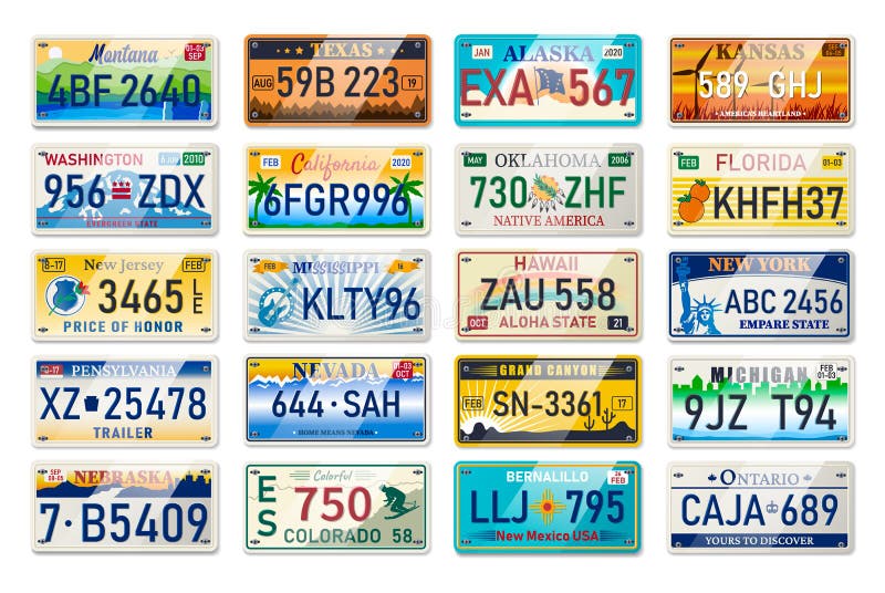 Auto plate and car numbers set of vehicle registration in USA states. Car plates. Vehicle license numbers of different American states. Metal sign boards automobile plates with digits and letters. Auto plate and car numbers set of vehicle registration in USA states. Car plates. Vehicle license numbers of different American states. Metal sign boards automobile plates with digits and letters