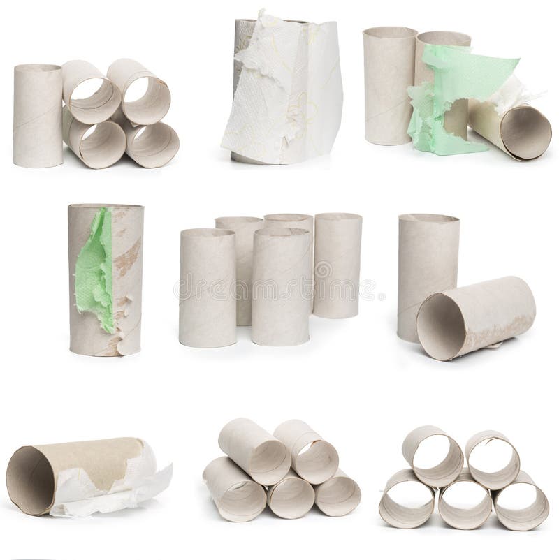 A selection of cardboard toilet paper tubes in various arrangements  isolated on a white background Stock Photo