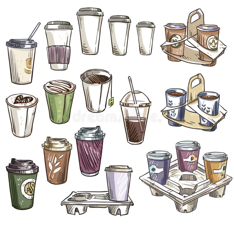 Selection of coffee takeaway cups and carrier trays.
