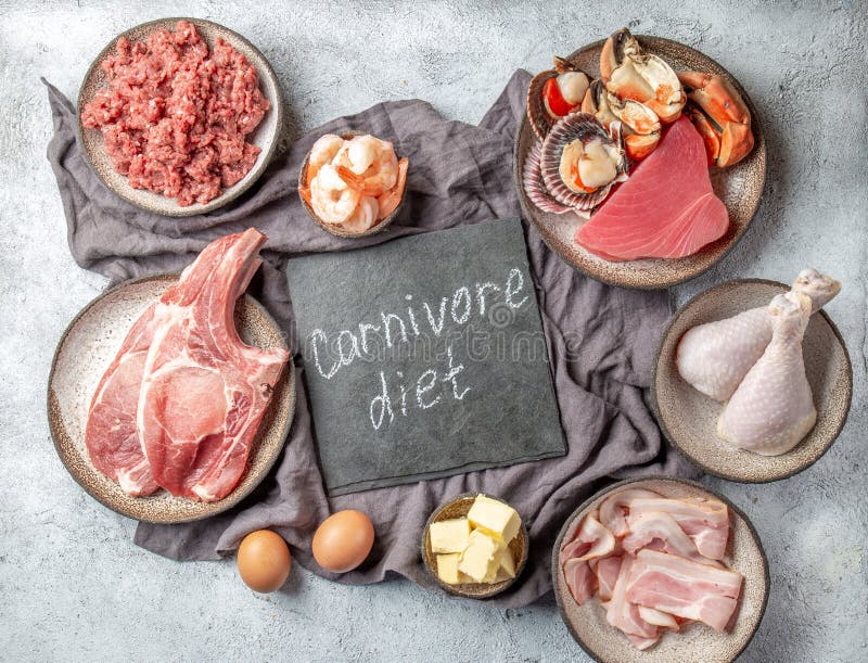 Selection food for CARNIVORE DIET. Seafood, Meat, megs and fat. Zero carbs diet concept