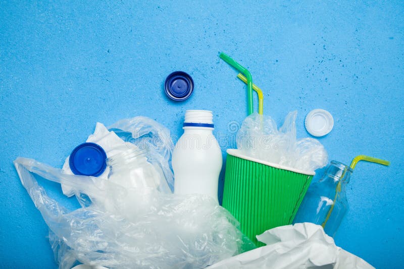 A selection of garbage for recycling. Paper, plastic and glass. Copy space for text stock photo