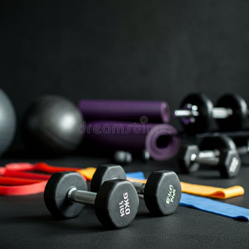 A selection of gym equipment is displayed. In the foreground, two black hexagonal stock illustration