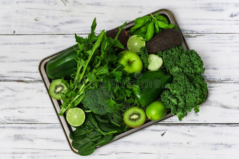 Selection of Healthy Green Food Fresh Vegetables and Fruit. Stock Photo
