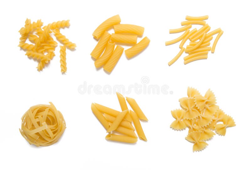 Selection of pasta uncooked, isolated