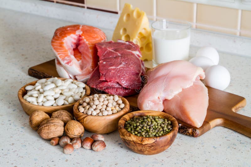 Selection of protein sources in kitchen background stock photography Selection of protein sources in kitchen background stock photography