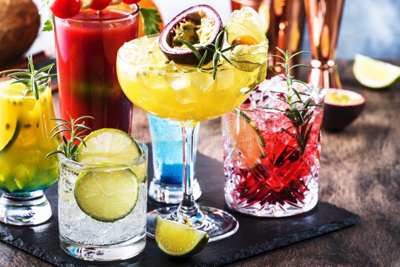 Selection of Summer Cocktails. Cold Refreshing Alcoholic Beverages and