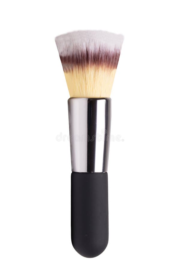 Selective focus on black and silver clean professional makeup brush isolated on white. Concept beauty. Macro stock images