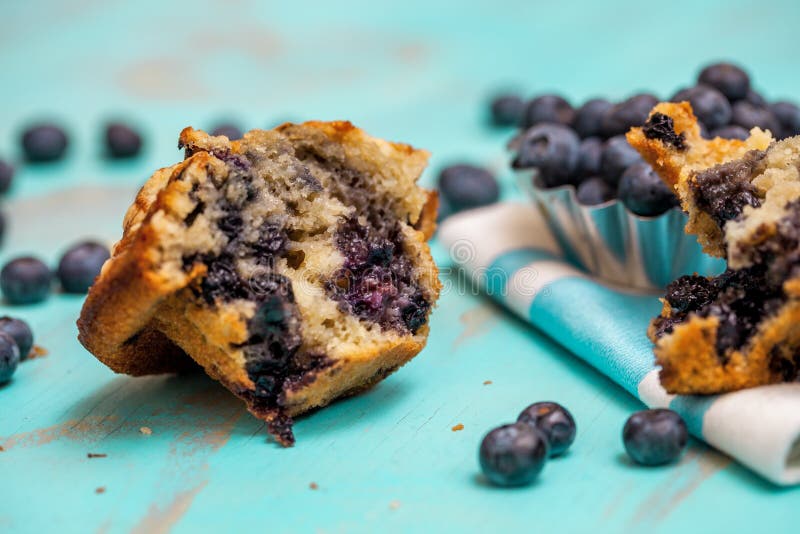 Selective Focus of Blueberry Muffin Half with Blueberries and Muffin ...