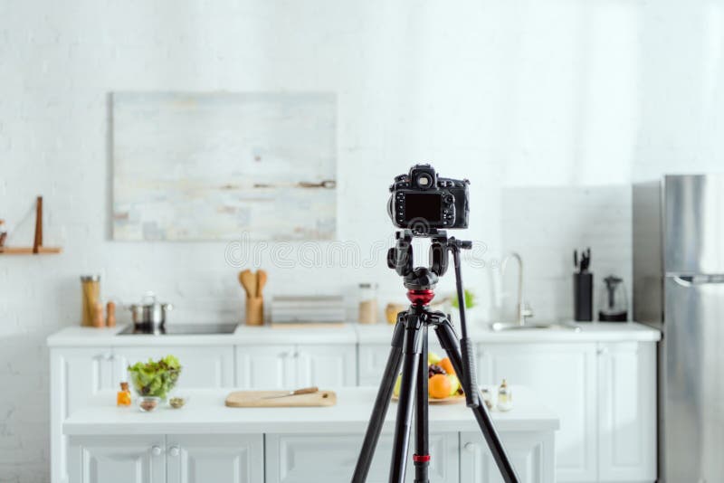 Focus of Digital Camera on Tripod in Modern Kitchen Stock Image Image