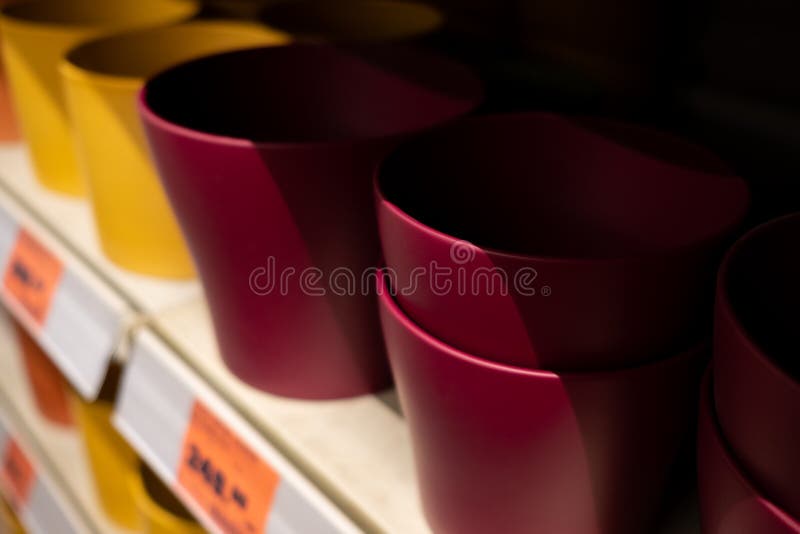 Selective Focus on Flower Pots on a Garden Store Shelf Stock Photo