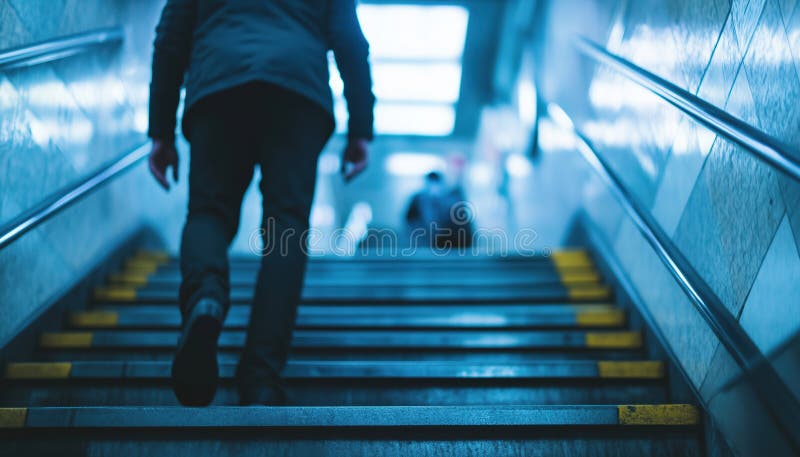 Selective Focus Image Of Man Exiting Subway And Walking Down Stairs royalty free stock photo