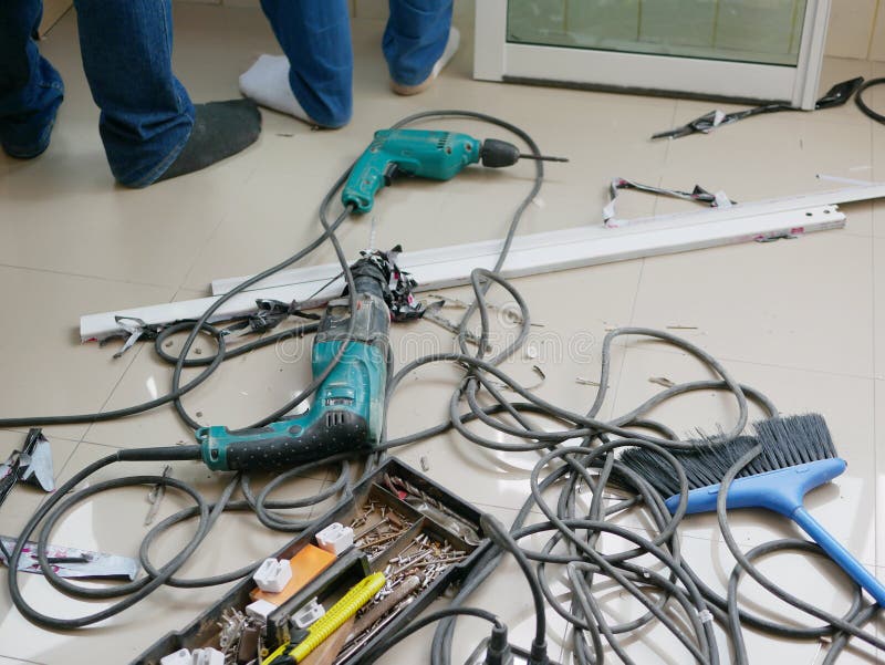 Messy on-the-field floor where technicians installing sliding window for an apartment