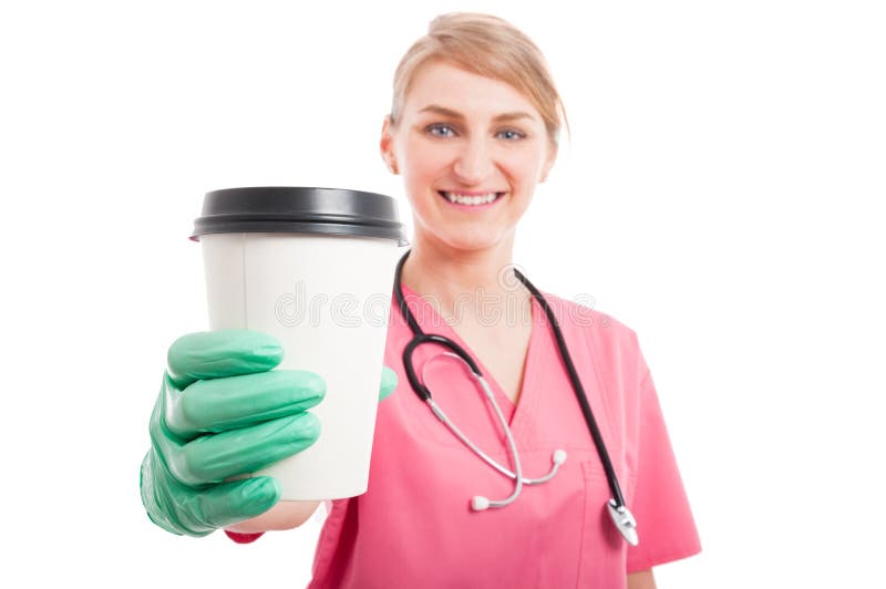 Selective focus of nurse lady showing coffee cup stock images