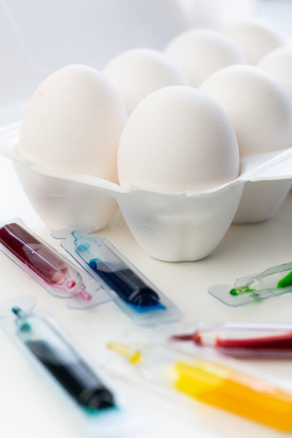 Selective Focus, White Chicken Eggs with Dye Stock Image Image of