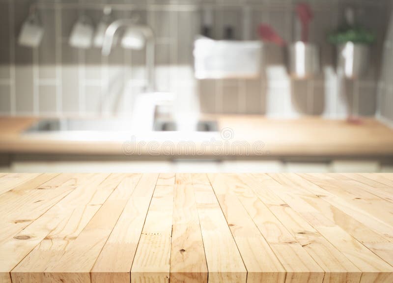 Selective Focus.Wood Table Top on Blur Kitchen Counter Background Stock ...