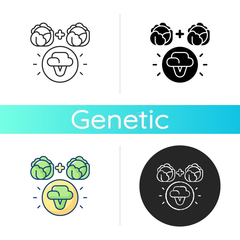 Selective breeding icon. Genetic engineering. Food modification. Agricultural production. Vegetable cultivation. Artificial selection. Linear black and RGB color styles. Isolated vector illustrations. Selective breeding icon. Genetic engineering. Food modification. Agricultural production. Vegetable cultivation. Artificial selection. Linear black and RGB color styles. Isolated vector illustrations