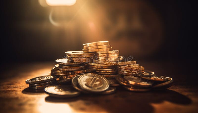 Selektiver Fokus auf den Haufen glänzender Goldmünzen, die durch ai erzeugt werden stock abbildung
