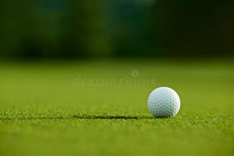 Selektiver Fokus weißer Golfball nahe Loch auf grünem Gras gutes f stockbilder Selektiver Fokus weißer Golfball nahe Loch auf grünem Gras gutes f stockbilder