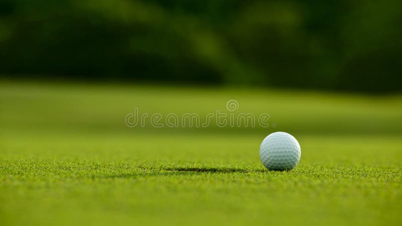 Selektiver Fokus weißer Golfball nahe Loch auf grünem Gras gutes f