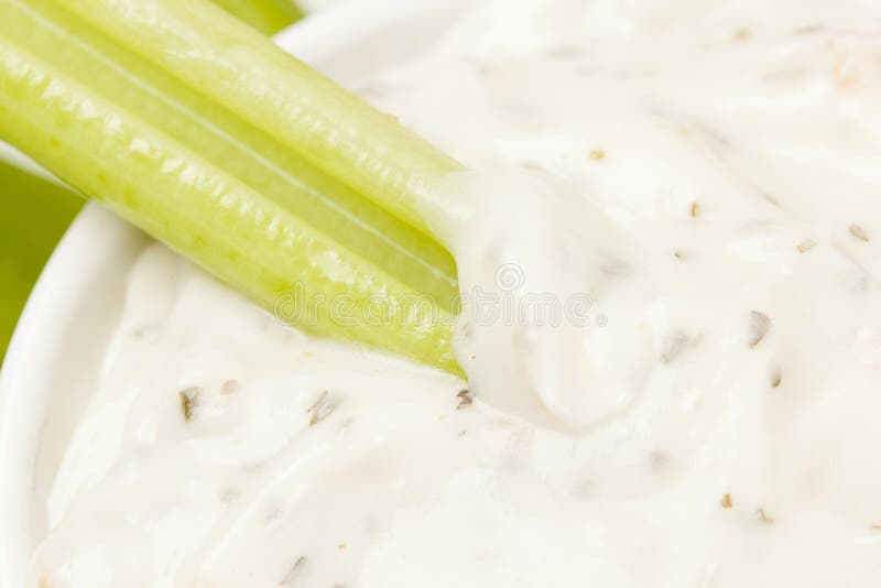 Organic Crunchy Celery and ranch dip on a background. Organic Crunchy Celery and ranch dip on a background