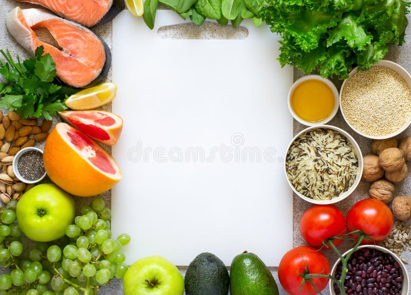 Selezione di alimento sano per cuore, dieta, disintossicazione Pesce, cereali, fotografia stock Selezione di alimento sano per cuore, dieta, disintossicazione Pesce, cereali, fotografia stock
