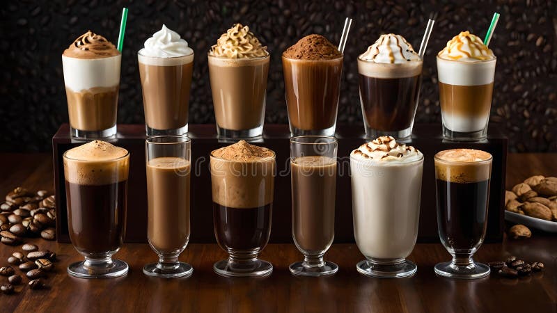 Selezione di bevande diverse per caffè : cappuccini mochas e altro ancora illustrazione vettoriale