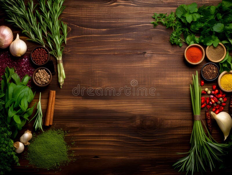 Selezione di erbe fresche e spezie sulla vista superiore del fondo di legno illustrazione di stock