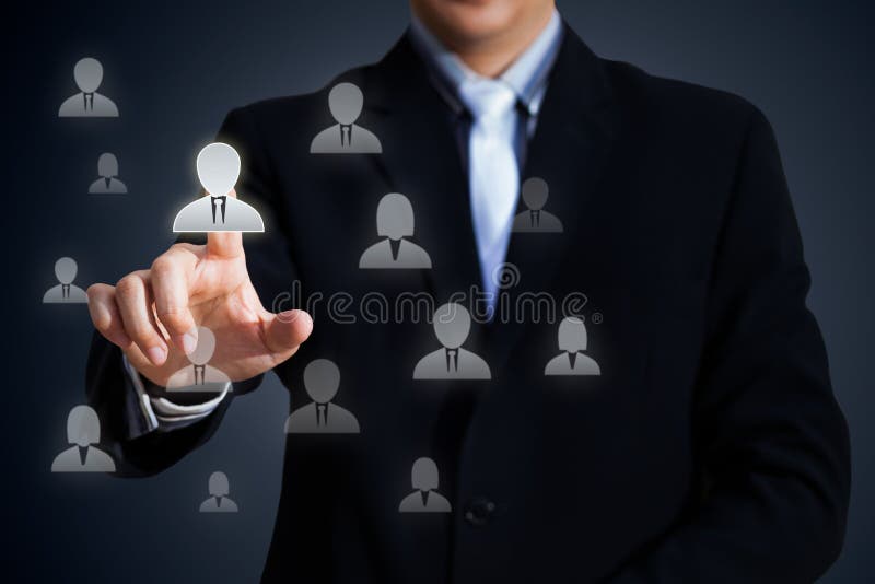 Human resources officer choose employee standing out of the crowd, Select team leader concept. Human resources officer choose employee standing out of the crowd, Select team leader concept