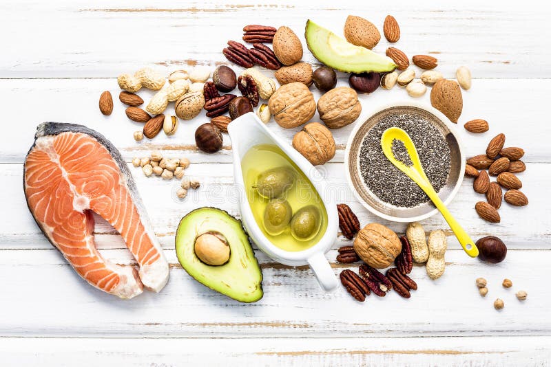 Seleção das fontes alimentares de ômega 3 e de gorduras insaturadas Super-alimentos vitamina e alta fibra alimentar para alimento