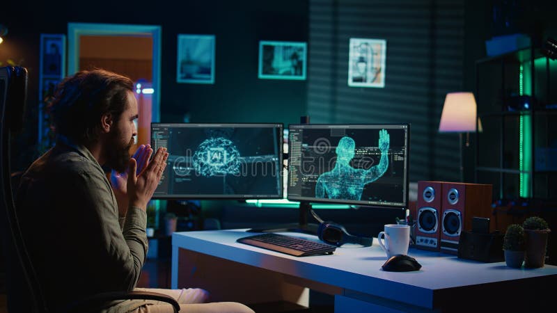 Artificial intelligence becoming sentient, greeting surprised IT admin royalty free stock photography