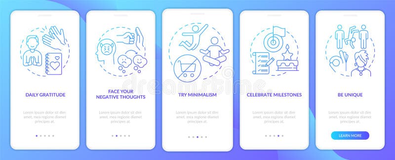 Self-compassion exercises blue gradient onboarding mobile app screen vector illustration